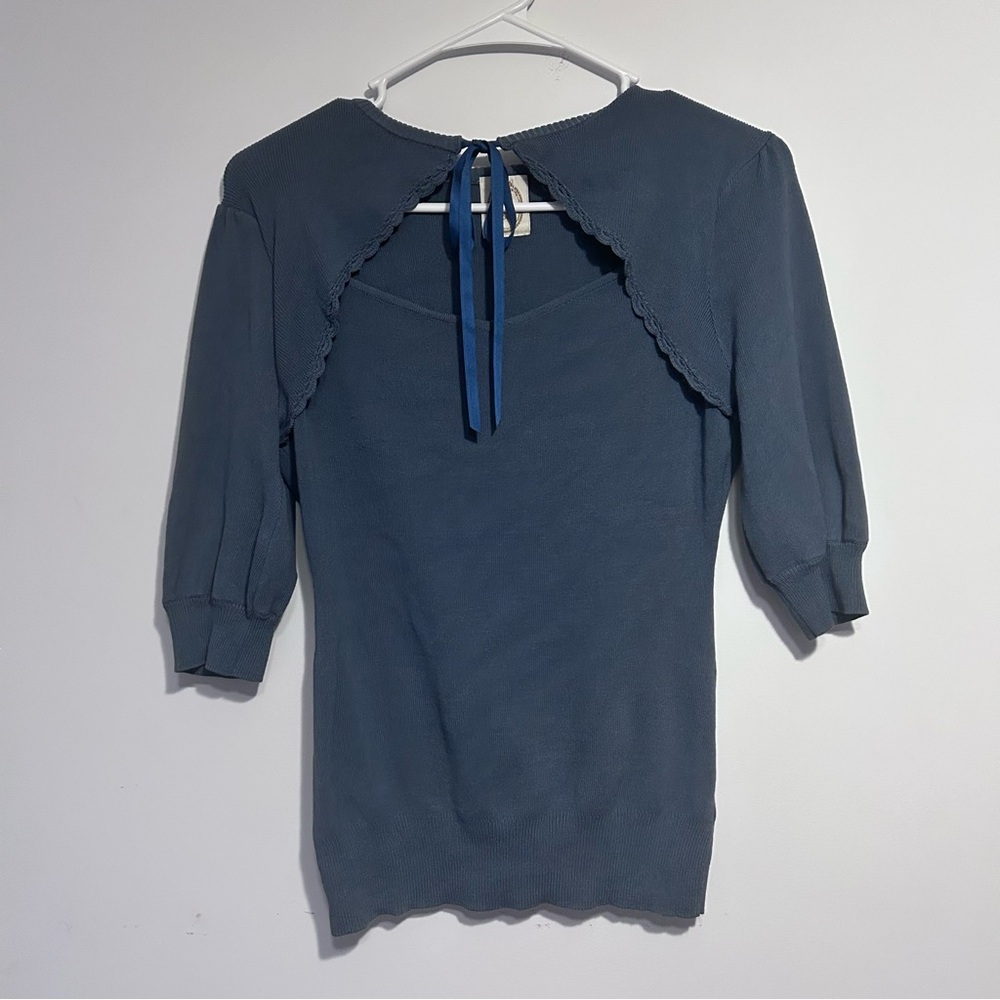 Japanese Fint Blue Front Tie Cutout Lace Half-Sleeve Top